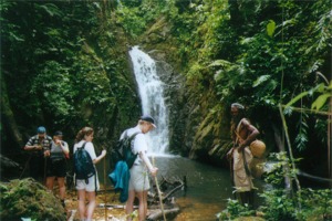 Group with Lakatan, tour guide, at waterfall above Grand Riviere / Trinidad